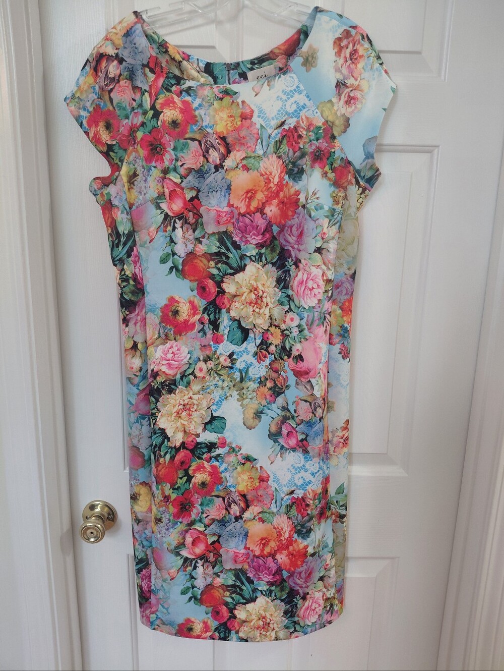 ECI Floral Cap-Sleeve Shift Dress in Light Blue